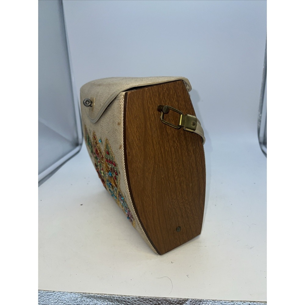 Vintage Jeweled Canvas Box Bag Purse Jewel Flowers Wood 1960's - Picture 3 of 7